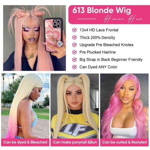 zamsta 613 Lace Front Wigs Human Hair 200 Density Blonde Wig Human Hair 613 Straight Frontal Wigs Human Hair Pre Plucked For Women 13x4 Honey Blonde HD Lace Front Wig Human Hai r 22 Inch