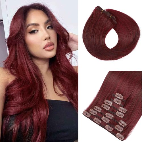 Burgundy Clip in Hair Extensions Real Human Hair 20 Inch Wine Red 99J Seamless Clip in Hair Extensions Burgundy 120g Full Head Silky Straight Long 7Pcs Human Hair Clip ins Extensions for Women