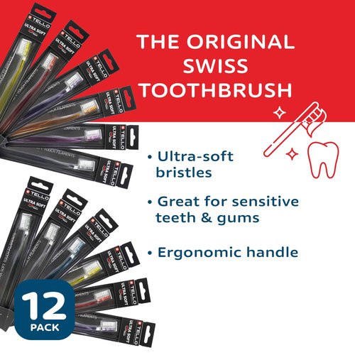 TELLO 6240 Adult Ultra Soft Toothbrush for Gentle Cleaning with Ergonomic Handle, Made in Switzerland, Colors Vary, 12-Pack