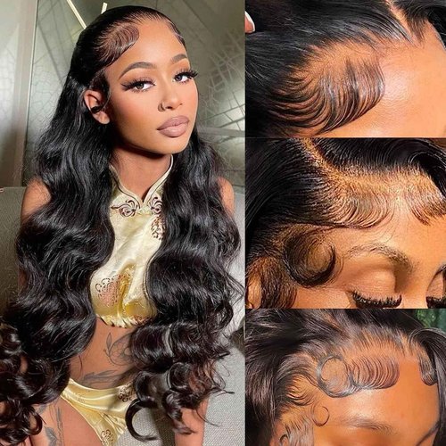 CIUSUM 32 Inch Body Wave Lace Front Wigs Human Hair Pre Plucked 13x4 Frontal for Women 180 Percent Density Glueless Transparent HD with Baby Natural Black