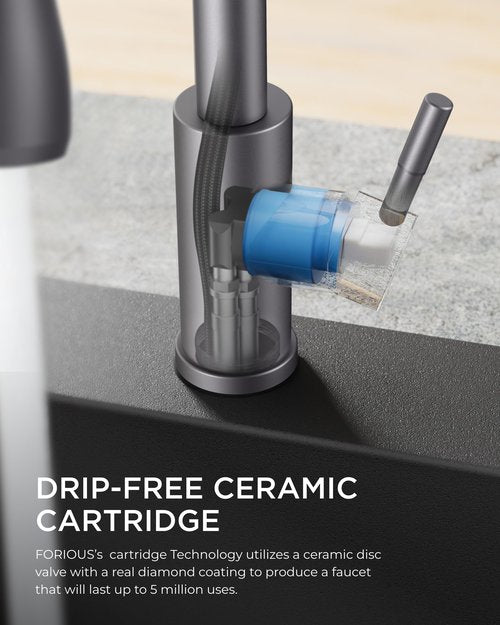 FORIOUS Kitchen Faucets with Pull Down Sprayer, High Arc Single Handle Classic Stainless Steel Sink Faucet 1 or 3 Hole, Suitable for Farmhouse Camper Laundry Rv Bar, Grey