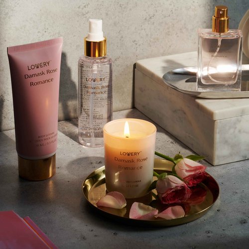 Womens Gifts, Birthday Gifts for Mom, Self Care Gifts for Women, Damask Rose Romance Spa Kit with Soy Candle, Perfume Roll On, Body Lotion, Body Mist & Eau de Parfum - Bath & Body Care Set