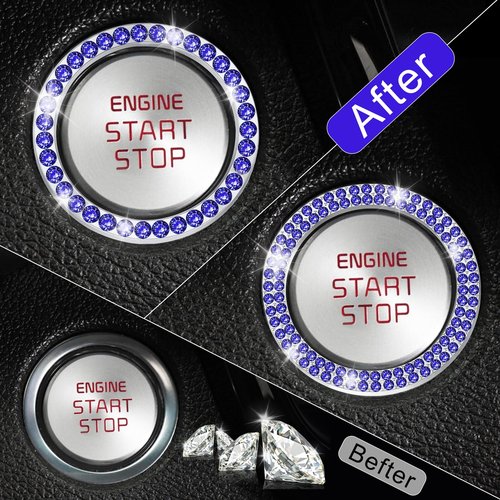 LivTee 2 PCS Crystal Combinatorial Rhinestone Car Engine Start Decoration Ring, Push to Start Button Cover Sticker, Bling Car Interior Accessories for Women, Automotive Decals, Dark Blue