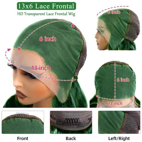 haha 13x6 Lace Front Green Human Hair Blend Wig Body Wave Dark Green Wig Human Hair Transparent HD Lace Frontal 13x6 Glueless Pre Plucked With Baby Hair 180% Density 24 Inch