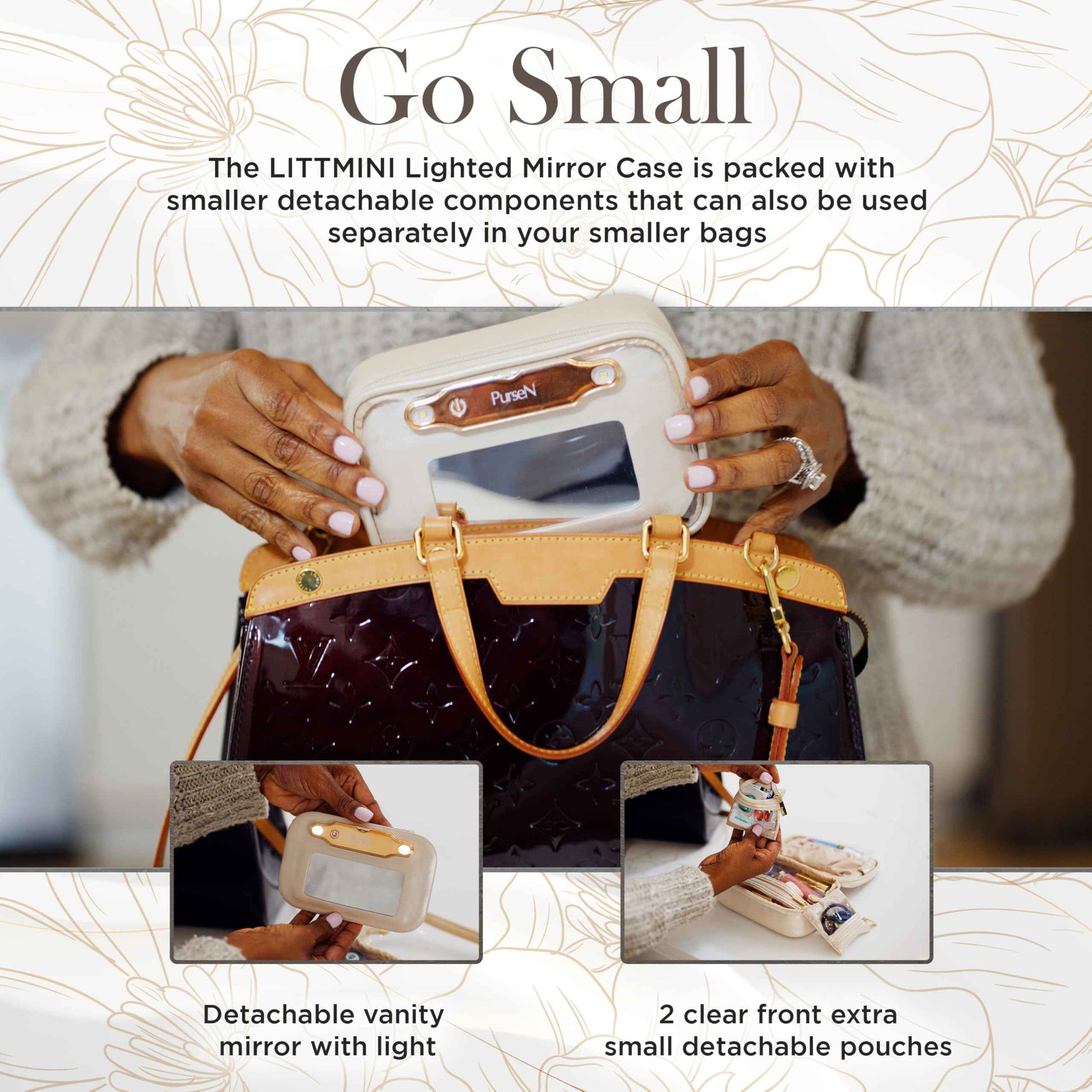 OFT 2024 LITTMINI Lighted Mirror Case - Small Makeup Bag with Detachable Mirror & Multiple Pouches for Organization - Vegan Leather, Mini Makeup Bag Ideal for Travel & Everyday Essentials (Latte)