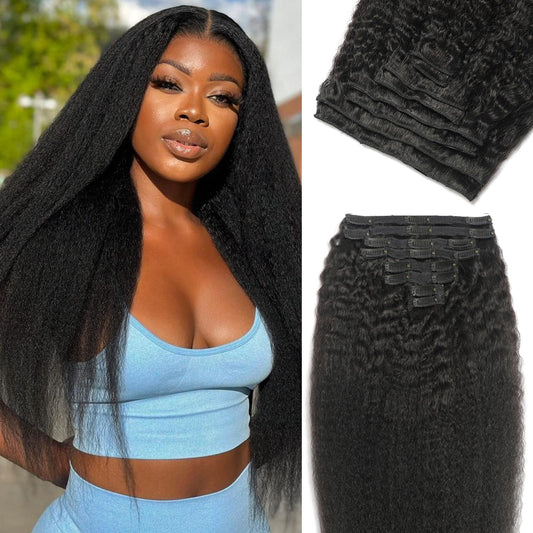 Kinky Straight Clip Ins Real Human Hair for Black Women Full Head 10A Brazilian Real Hair Extensions 125g 8Pcs with 18Clips Per Set Remy Human Hair Clip Ins Natural Color Double Weft (26 Inch)