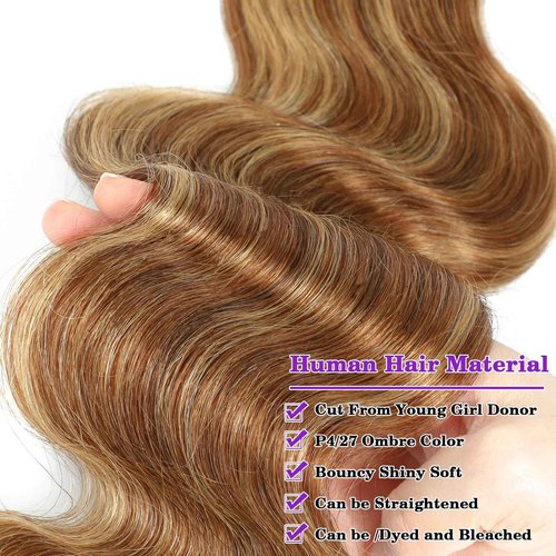 Vallbest Ombre Human Hair Bundles 14 16 18 Inch Highlight Bundles Human Hair 4/27 Blonde Body Wave Brown 12A 100% Unprocessed Brazilian Virgin Remy Weave Raw Human Hair Extensions