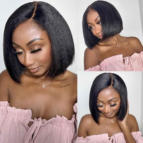 MOOTAFUL Bob Wig Human Hair 13x4 Lace Front Wig Human Hair Pre Plucked 200% Density Short Bob Yaki Straight Wig with Baby Hair Glueless Kinky Straight Wig for Black Women 10 Inch