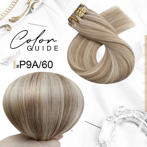 Moresoo Seamless Clip in Hair Extensions Human Hair Blonde Highlight with Light Brown Tape in Hair Extensions Human Hair Blonde (7pcs/120g +20pcs/50g) 16inch Bundle