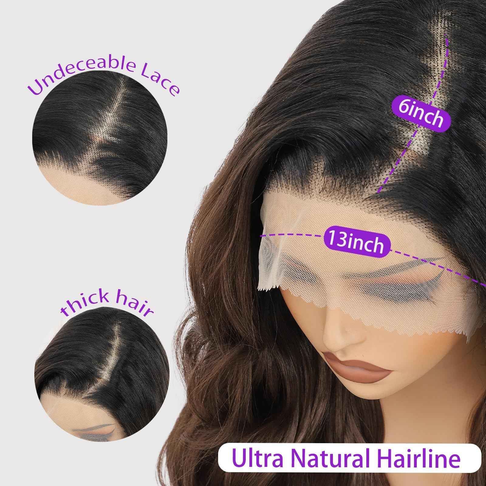 13x6 Lace Front Wigs Ombre brown Lace Frontal Wig HD Lace Body Wave Pre Plucked Tiny Knots 28 Inch Pre-layered Long Wavy Synthetic Lace Wig