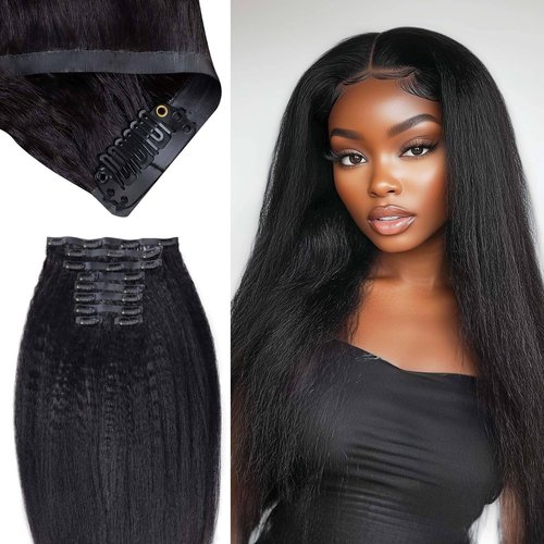 Flooyeer Seamless Clip in Hair Extensions Human Hair, Ultra-thin PU Weft, Kinky Straight 18 inch 130g 9pcs, 1B Natural Black, Clip in Hair Extensions, Clip ins Real Human Hair Black Women