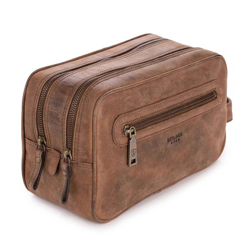 BERLINER BAGS Vintage Genuine Leather Toiletry Bag Max 2, Two Zippered Compartments, Large Capacity Cosmetics Bag for Men and Women for Travel - Brown