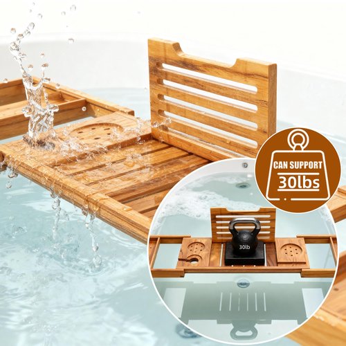 Boflay Expandable Teak Bathtub Tray - Luxury Wooden Bath Caddy & Tub Shelf, Over-The-Tub Bath Table with Book & Wine Glass Holder, Waterproof Bathroom Organizer for Spa Experience