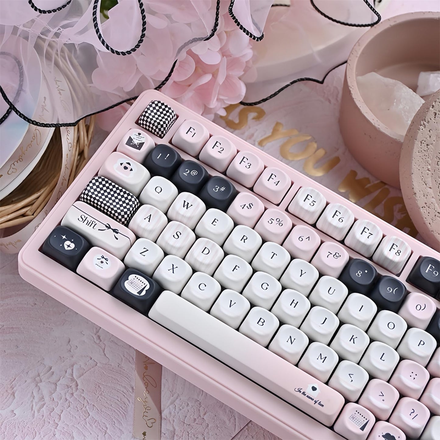 ZMX Pink and Black Keycaps,MOA Profile Cute Keycaps PBT Dye-Sub Kawaii Custom Full Size Keycap Set for Cherry MX Switch ANSI Layout 75% 60% Mechanical Gaming Keyboard DIY Creamy Key Cap (126Keys)