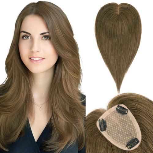 SEGO Hair Toppers for Women Real Human Hair Large Full Silk Base 9 * 14 cm Free Part No Bangs 150% Density Clip In Topper Hairpieces for Women with Thinning Hair -12 Inch #4Y Medium Neutral Brown