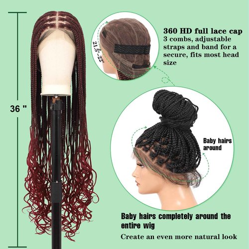 Youthfee 360° HD Full Lace Knotless Braided Wigs for Women with Boho Curly Ends Braided Lace Front Wigs with Baby Hair Premium Synthetic Burgundy Natural Box Braid Wig 36 Inch