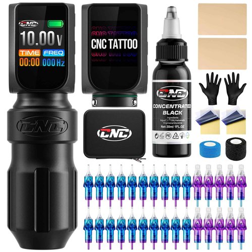 CNC Tattoo Machine Kit Wireless Tattoo Gun,2 Batteries 3200mAh Power Supply Rotary Tattoo Pen with Carrycase,30 Tattoo Cartridge Needles Assorted,Black Tattoo Ink for Professionals,Beginners TK6001-1
