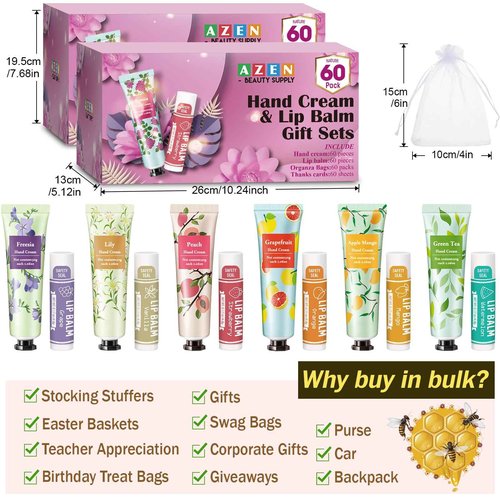 AZEN 120 Sets Bulk Gifts, Hand Cream and Lip Balm Bulk Set with Organza Bag Thank You Card, Baby Shower Wedding Gifts for Guests, Bridal Wedding Favors for Guests,Thank You Gifts for Women