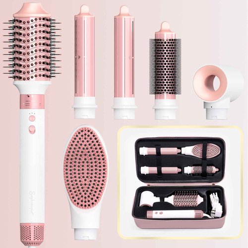Sophinique 6 in 1 Blow Dryer Brush & Hair Dryer Brush with 110,000 RPM Hot Air Style, No Heat Damage, Ionic Care Blowout with Curling Iron,Volumizing, Straightening, Travel Bag Included, Pink