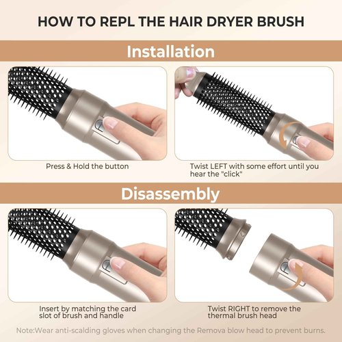 6 in ONE Blow Dryer Brush,Air Curling Iron Round Brush Blow Dryer 800W,Ionic Hair Dryer Brush for Women, Hot Air Brush Hair Styling Tools 100-120V (Champagne Gold)