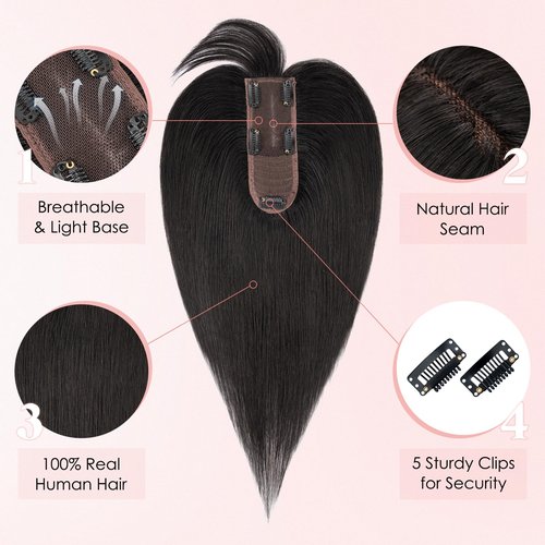 Hairro Human Hair Topper with Wispy Bangs, Clips on 360° 3D Cover Real Hairpieces Lightweight, 2.25"x6" Base for Women with High Hairline/Thinning Hair, 8 Inch Natural Black Bangs