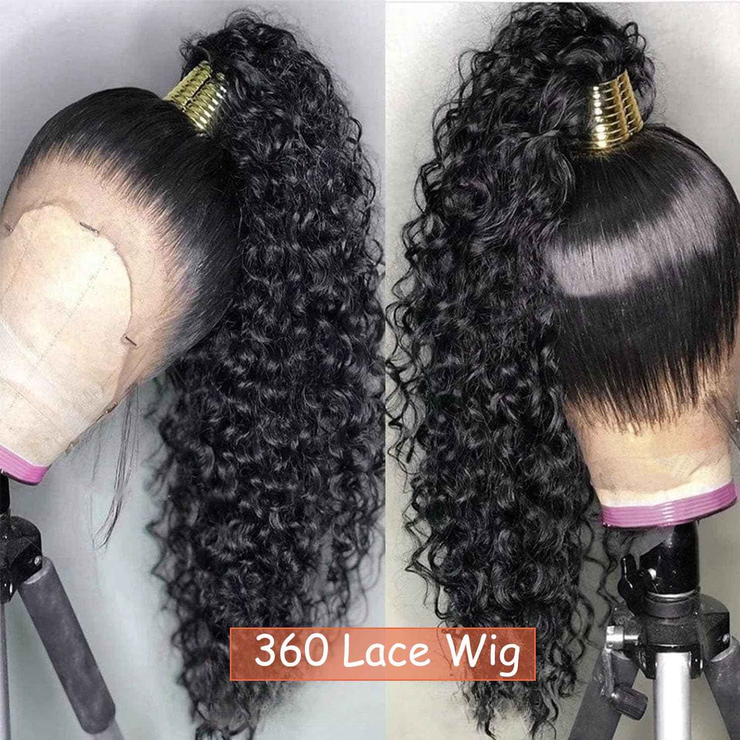 360 Lace Front Wigs Human Hair Pre Plucked Deep Wave 360 Full Lace Human Hair Wigs For Black Women Wet And Wave HD Lace Front Glueless Wigs Curly Wig (Natural Color, 18 Inch)