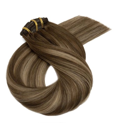 Clip in Hair Extensions Real Human Hair S-noilite #4T4P27 Chocolate Brown to Caramel Blonde Double Weft hair extensions 20 Inch Clip in Real Human Hair for Women Balayage Straight 7PCS 125g