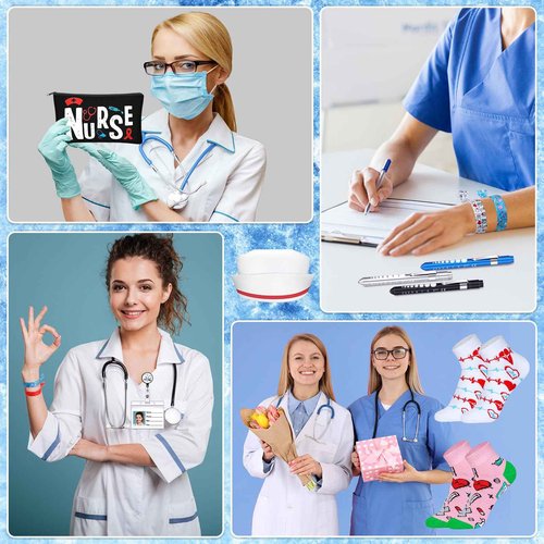 72 Pcs Christmas Nurses Gifts Bulk Nurses Week Appreciation Gift Women with Socks Makeup Bags Penlight Badge Reels Headband Bracelet Hair Rope for Employees Doctors Team Nursing Pharmacists Staff
