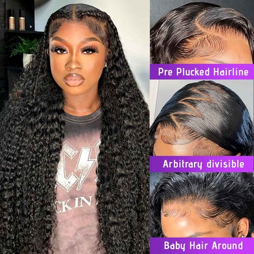 UVVUVV 26 Inch Deep Wave Lace Front Wigs 13x6 HD Transparent Human Hair Lace Front for Women 180% Density Deep Curly Human Hair Wigs Pre Plcked Deep Wave Frontal Wigs with Baby Hair