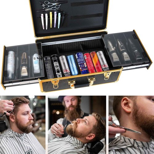 HAPPYPOSH Barber Case Organizer, Barber Briefcase Tool Box, Barber Carrying Case, Large Barber Cases for Clippers and Supplies, Travel Hair Stylist Tools Storage, Luxury Gold & Black