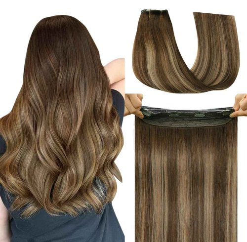 SAFIRENY 20 Inch Straight Real Human Hair Wire Fish Line Hair Extensions 85g (#4/27/4 Chocolate Brown Mixed with Caramel Blonde)