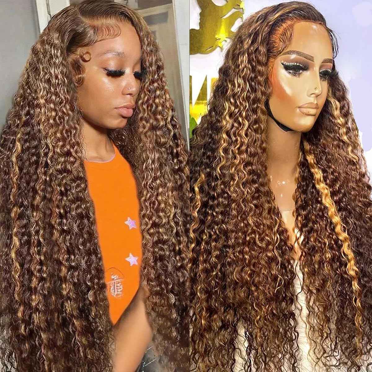 Highlight Lace Front Wig Human Hair 13x4 Ombre Deep Wave Wigs Human Hair 180% Density Honey Blonde Colored Deep Curly HD Lace Frontal Wigs for Black Women Wet Wavy Pre Plucked with Baby Hair(26 Inch)