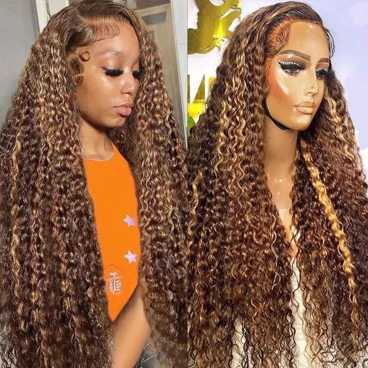 Highlight Lace Front Wig Human Hair 13x4 Ombre Deep Wave Wigs Human Hair 180% Density Honey Blonde Colored Deep Curly HD Lace Frontal Wigs for Black Women Wet Wavy Pre Plucked with Baby Hair(26 Inch)
