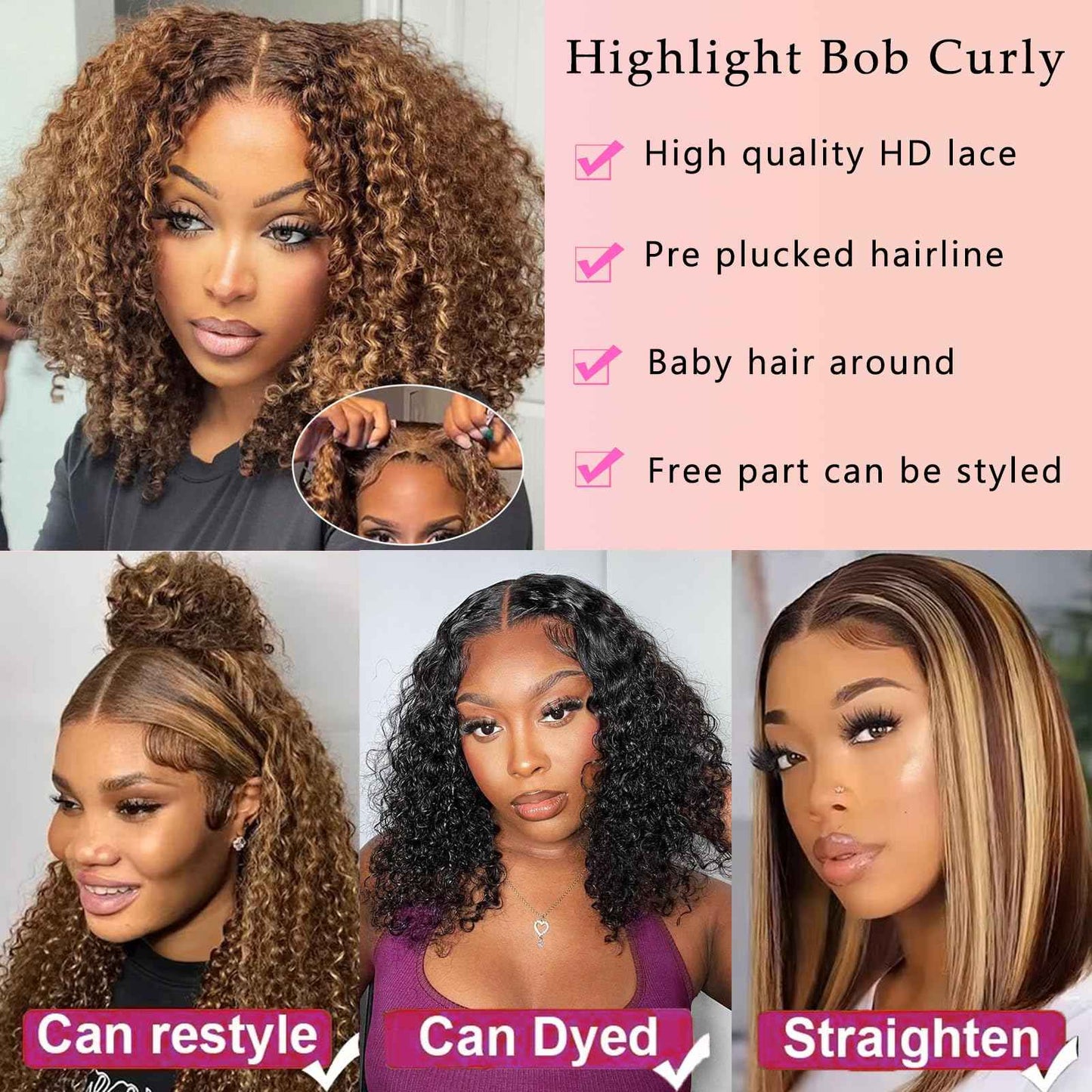 4/27 Bob Wig Human Hair 13x6 HD Transparent Lace Front Wigs Highlight Ombre Deep Curly Frontal Wigs Human Hair Pre Plucked Human Hair Wigs for Women 200% Density 18 Inch