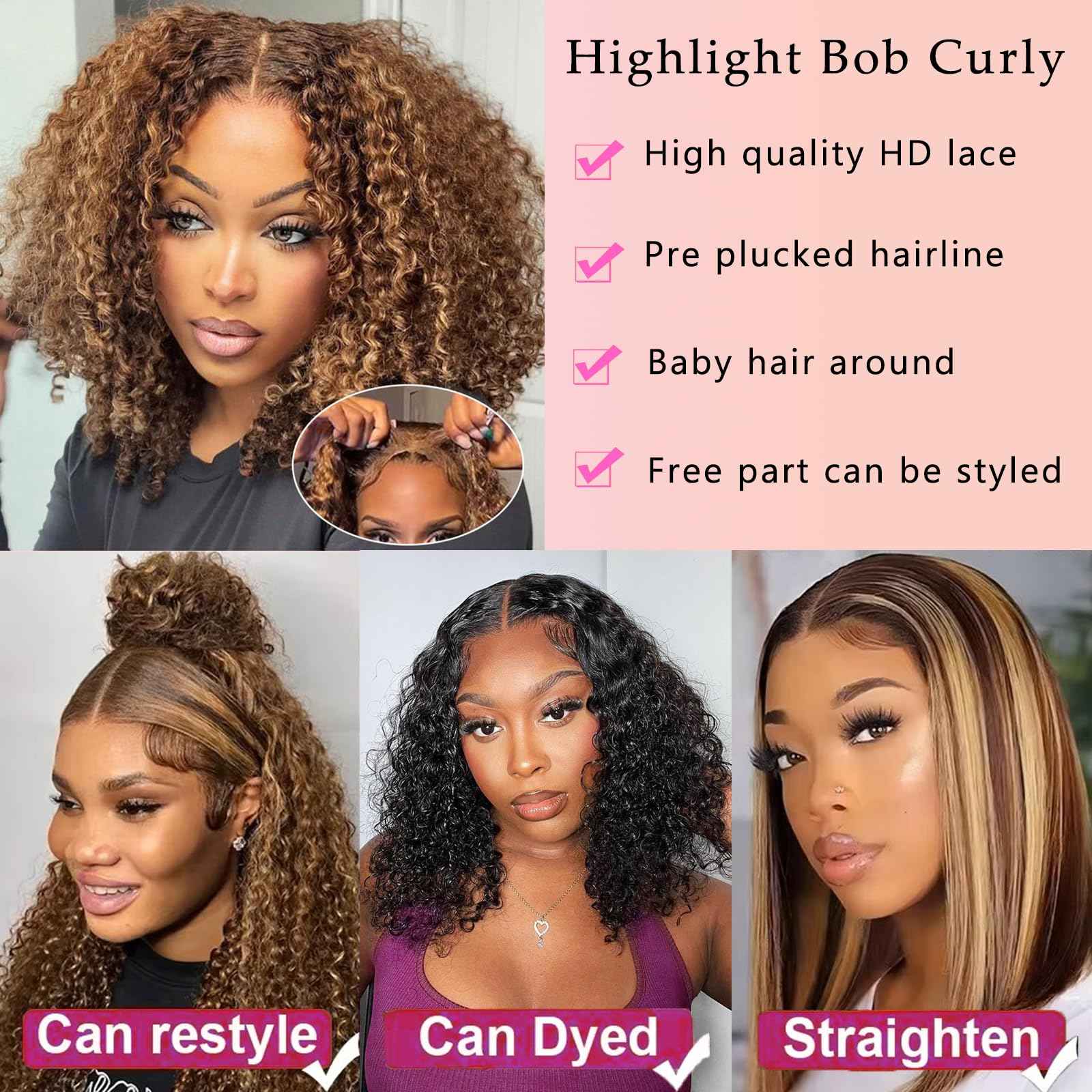 4/27 Bob Wig Human Hair 13x6 HD Transparent Lace Front Wigs Highlight Ombre Deep Curly Frontal Wigs Human Hair Pre Plucked Human Hair Wigs for Women 200% Density 18 Inch