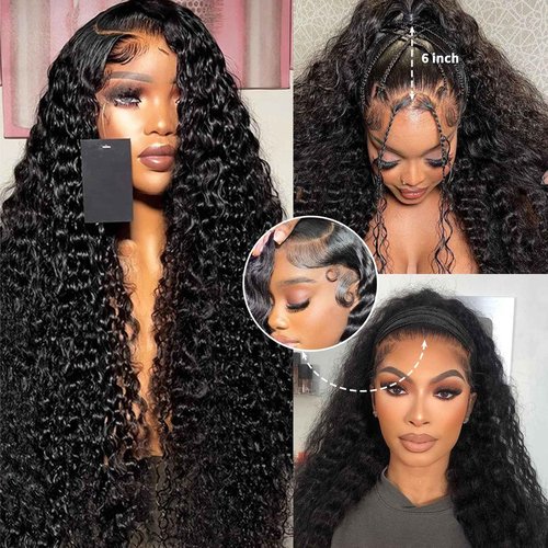 Comlen 13x6 Deep Wave Lace Front Wigs Human Hair 200 Density HD Transparent Lace Front Wig 28 inch Curly Lace Frontal Wigs for Women Pre Plucked Natural Black