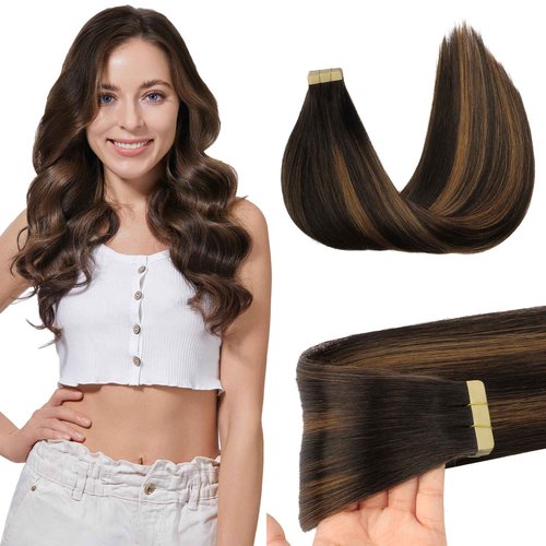 GOO GOO Tape in Hair Extensions Human Hair, 2/30/2 Balayage Expensive Brunette, 24inch 50g 20pcs, Skin Weft Seamless Invisible, Silky Straight with Thick Ends, Remy Human Hair