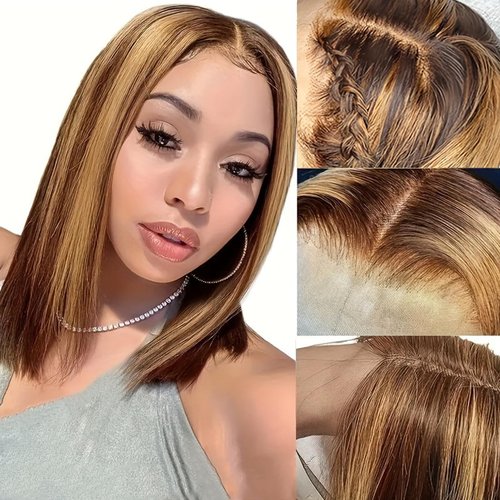 Highlight Bob Wig Human Hair Ombre Honey Blonde 13x4 Lace Frontal Wigs for Black Women 4/27 Bob Lace Front Wig Brazilian Virgin Human Hair Bob Wig 180% Density Pre Plucked with Baby Hair 14inch