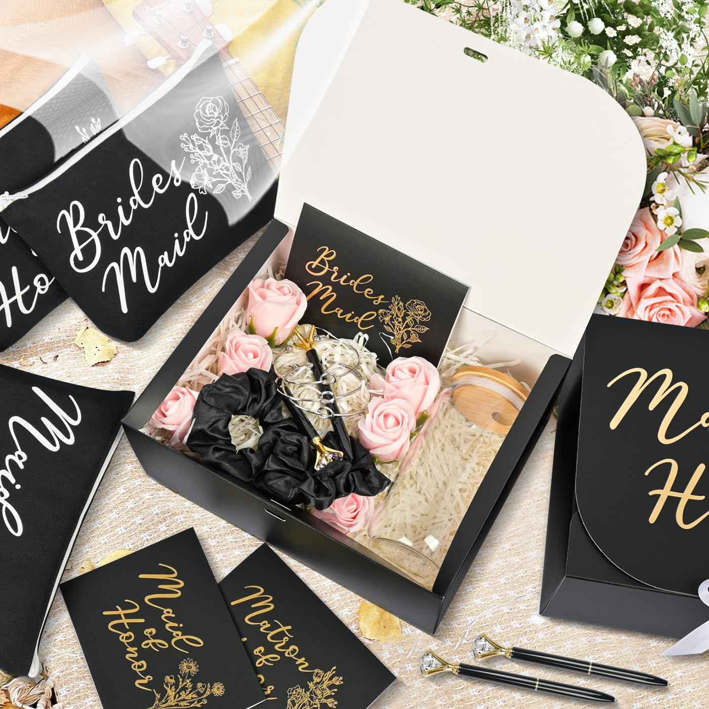 42Pack Bridesmaid Proposal Gifts,Maid of Honor Gifts Matron of Honor Gifts Including Bridesmaid Boxes,16oz Cups Makeup Bag Bracelets Diamond Pen Invitation Cards Scrunchies for Wedding (Black)