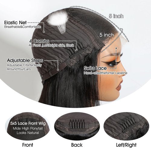 IWISH 5x5 Closure Wigs Human Hair Body Wave Lace Front Wigs Human Hair Pre Plucked for Black Women 180% Density Brazilian Virgin Hair Glueless Wigs 18 Inch