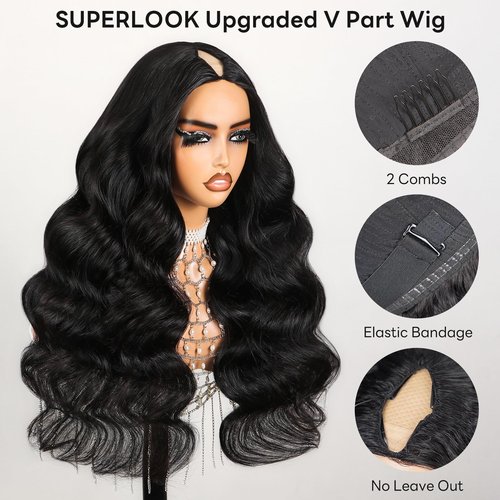 SUPERLOOK V Part Wig Human Hair Body Wave Glueless Wigs Human Hair Clip in V-Part Wigs Beginner Friendly No-Sew In No Glue Upgrade U Part Human Hair Wig 210% Density (18Inch,V Part Body Wave Wigs)