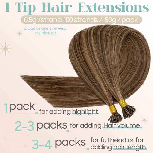 S-noilite Pre bonded I Tip Human Hair Extension for Women 100Strands 50Gram Fusion Stick Tip Remy Human Hair Piece Invisible Keratin Glue K Tip 22Inch #4P27 Medium Brown highlight Dark Blonde