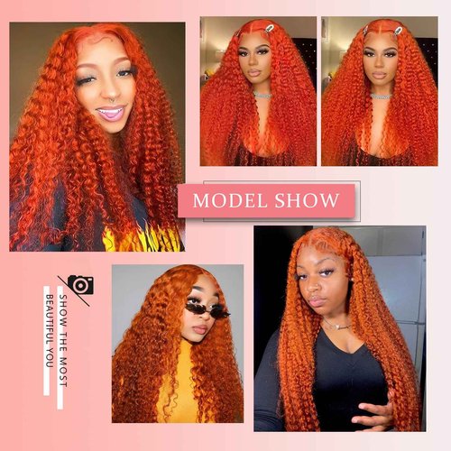 PREMAY 20 Inch Ginger Wig Human Hair 13x4 Deep Wave Lace Front Wigs 180 Density HD Lace Curly Orange Wig Glueless Wigs Human Hair Pre Plucked 350# Colored Ginger Wig