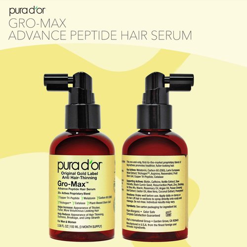 PURA D'OR 3.38 Oz Gro-Max Advanced Peptide Hair Serum (NEW FORMULA) Plant Stem Cell, Catalase, Copper Tri-Peptide, C60, Biotin, Melatonin, Trichogen, Caffeine, Rosemary - Stronger, Thicker Hair