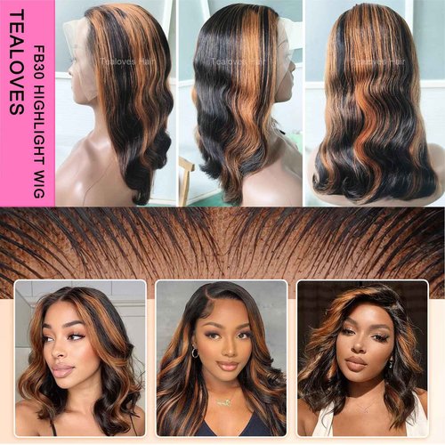 Tealoves Body Wave Bob Wig 180 Density Glueless 13×4 Invisible Lace Front Wigs Human Hair for Women 10 Inch FB/30 Black with Highlights