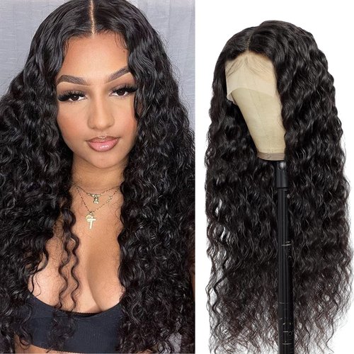Water Wave Lace Front Wigs Human Hair 13x4 HD Lace Front Wigs Glueless Brazilian Virgin Human Hair Wigs Pre Plucked with Baby Hair 180% Density Wet and Wavy Curly Wigs for Women Natural Black 28 Inch