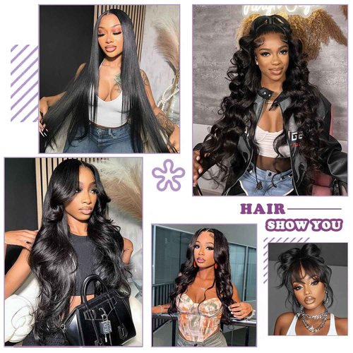 Body Wave Bundles Human Hair With 2X6 Closure (16 18 20+14 Inch) Natural Black 12A Brazilian Human Hair Bundles With Hd Lace Closure