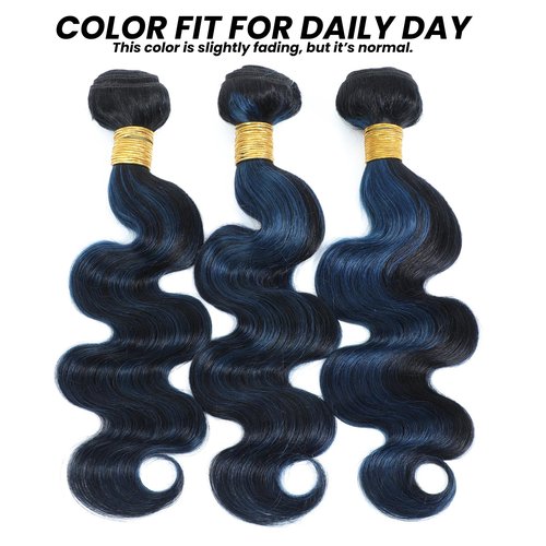 ALHER Black Mix Midnight Blue Bundle Human Hair Body Wave, 12A Soft Thick 3 Bundles Wavy Human Hair, 100% Remy Hair Balayage Two Tone Subtle Colored Double Weft (#1B/Blue, 10 12 14 IN)
