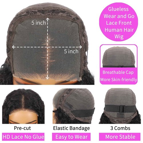 Tendersse Water Wave Wear and Go Glueless Wigs Human Hair Pre Plucked Pre Cut 5 x 5 HD Lace Closure Wigs 200 Density Water Wave Lace Front Human Hair Wigs for Black Women Natural Black 20 Inch
