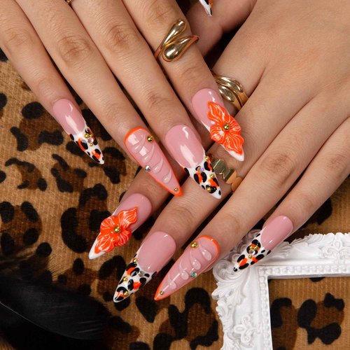 LOVFUL Press on Nails Tropical Sunset | Handmade with Full Covered Crystals | Reusable Full Cover Nails | Stiletto Classic Regular 1.3 in | H374-L